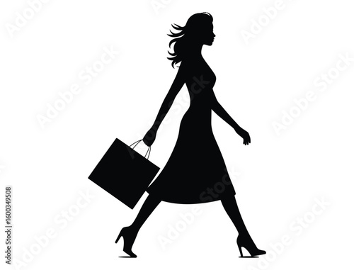 Silhouette of Stylish Woman Walking with Shopping Bags in High Heels