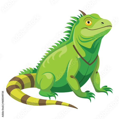 A serene green iguana, gracefully basking in a relaxed pose, showcasing its calm nature on a clean white background.