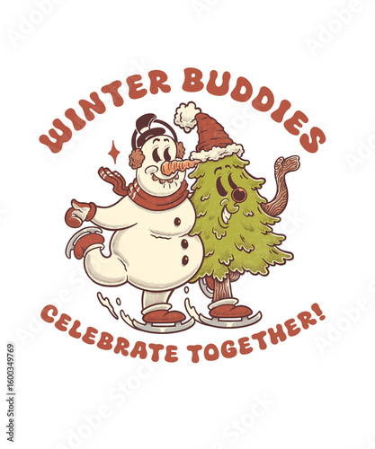 Retro style cartoon character design of a snowman and a pine cone ice skating, suitable for t-shirts, stickers, posters, etc.