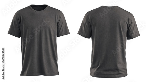 Dark heather gray blank t-shirt mockup showcasing front and back views for apparel design on transparent background