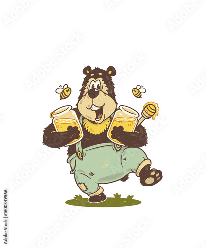 Cartoon character design of a bear holding honey, suitable for branding etc.