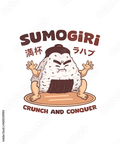 cartoon character design is a combination of sumo and onigiri, suitable for branding