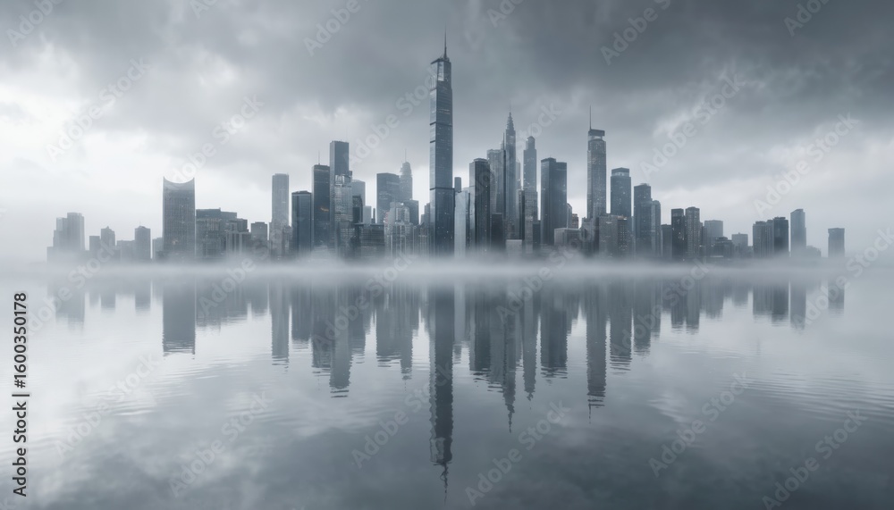 Obraz premium Futuristic city skyline with skyscrapers reflected in calm water. Tall buildings emerge from mist on cloudy evening. Modern metropolis downtown area, urban landscape with dramatic lighting,