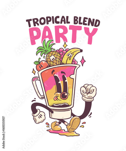 Cartoon blender character design containing retro style fruit, suitable for branding etc.
