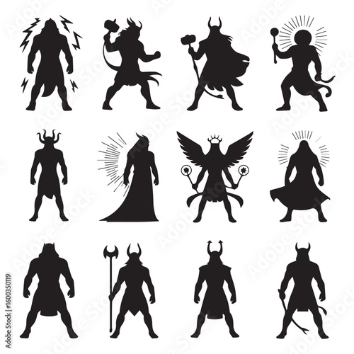 Vector art of a collection of menacing demon silhouettes, each depicted with powerful stances and mythical attributes on a white background