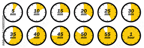 Timer Icons Set Showing Increments From Five Minutes To One Hour Time Management