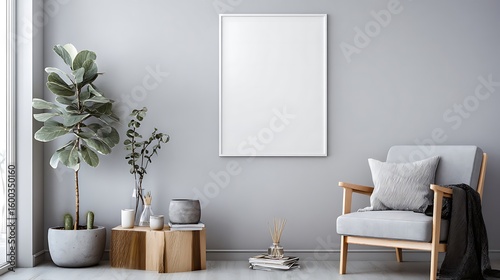 A modern living room interior scene with a gray armchair and plants.