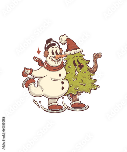 Only Retro style cartoon character design of a snowman and a pine cone ice skating, suitable for t-shirts, stickers, posters, etc.