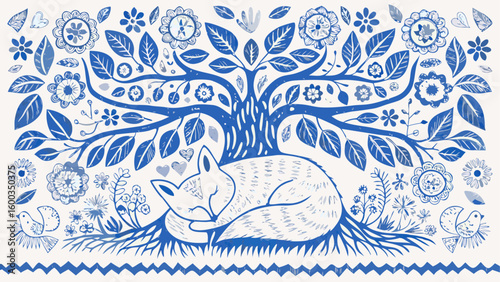 A sleeping fox under a blue tree surrounded by flowers and birds in a folk art style illustration silhouette