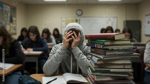 Frustrated student with head in hands in a classroom. Overwhelmed teenage boy feeling stressed from studying with a large stack of books.