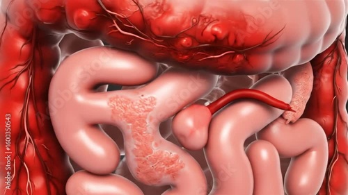 digestive system animation, Close up 3D medical rendering of human intestines showing intestinal lining movement for gastrointestinal study and health education