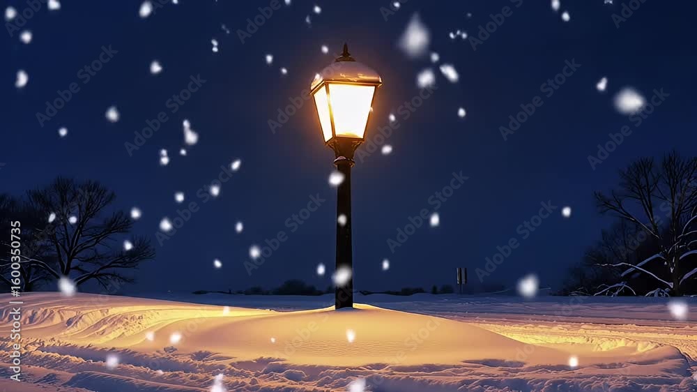 Snowy night landscape featuring a lit lamppost with falling snowflakes and a winter scene Snowy night landscape featuring a lit lamppost with falling snowflakes and a winter scene