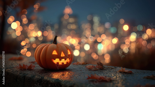 urban jack o lantern halloween holiday orange pumpkin on the wet street in the dark background bokeh lights orange blue night decoration leaves on the ground pink