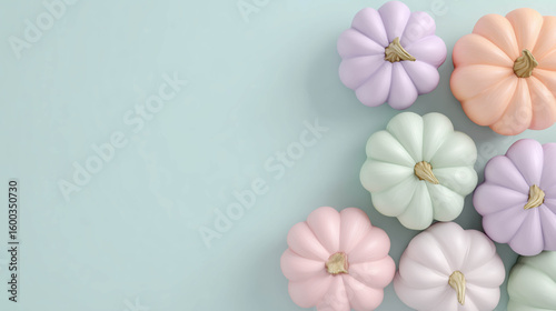 pastel pumpkins gourds Halloween lavender mint open space for copy text background harvest season seasonal backdrop