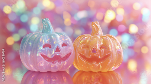 shiny ombre orange urban jack o lantern halloween holiday  pumpkin background bokeh lights orange blue night decoration leaves on the ground pink