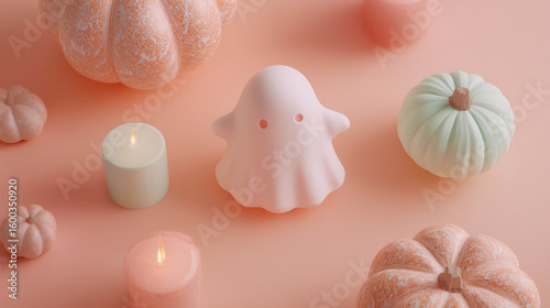 pastel ghost ornament glowing candles 3d render style illustration