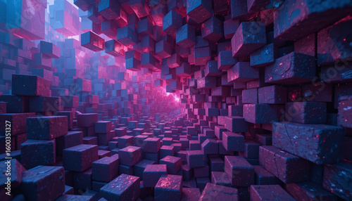 Futuristic Abstract Tunnel of Glowing Cubes and Blocks Illuminated by Neon Blue and Pink Light, Evoking Digital Cyberspace and Technology Concepts