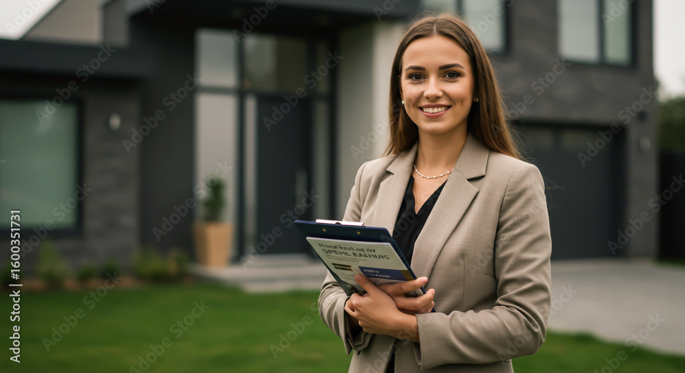 Obraz premium Smiling Female Real Estate Agent Holding Documents in Front of a Modern House