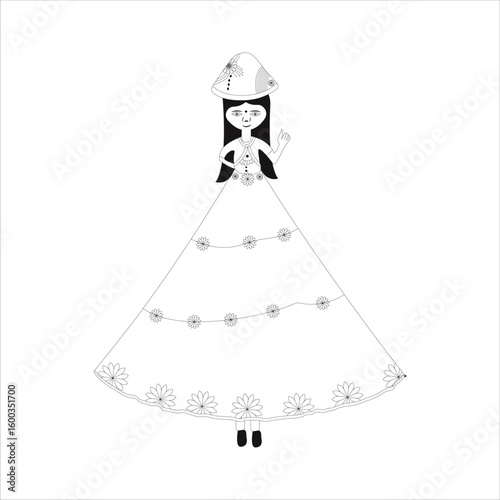 Elegant wedding dress vector illustration of a bride in a stylish gown, showcasing fashion, beauty, and love
