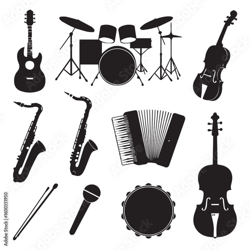 Vector art of a diverse collection of musical instruments including guitars, violins, saxophones, and a drum set