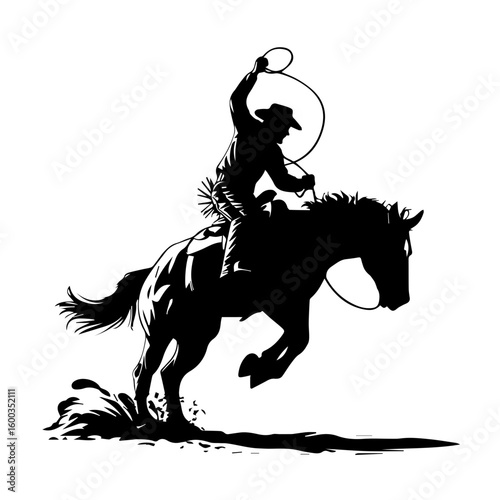 Vector silhouette illustration of a rodeo bucking bronco and rider isolated on white