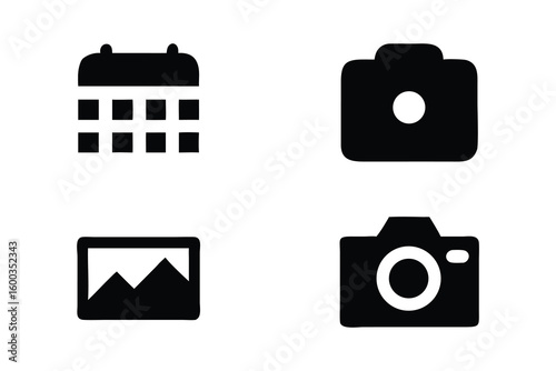 Four simple black graphic icons representing a calendar a photo album and two cameras on a white background