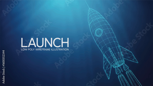 Ascension and Innovation: A minimalist digital illustration of a rocket ready for launch, symbolizing advancement, technology and interstellar exploration against a deep blue gradient backdrop.