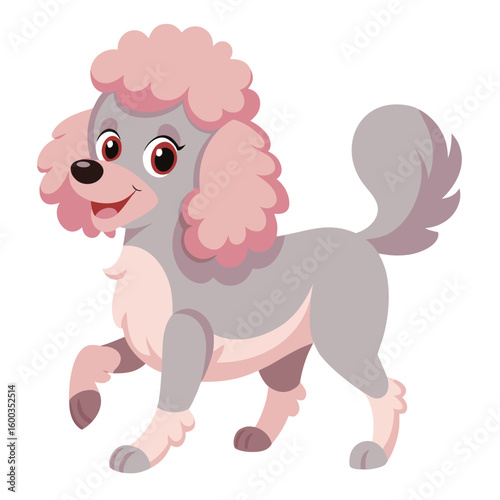 A lively happy poodle, taking a bouncy step, conveying joy and playful energy, isolated on a white background.