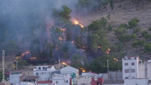 Forest fire in the pine forests of Jaén, Andalusia, Spain. The fire devours vegetation, with thick smoke hanging over houses.