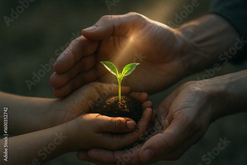 Schmutzige Hände halten kleinen grünen Keimling im Sonnenlicht