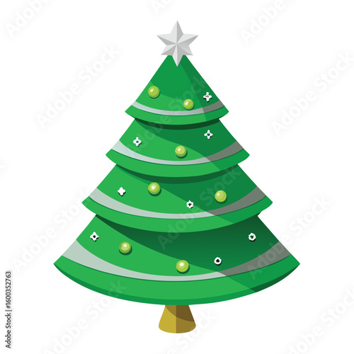 A striking layered Christmas tree with distinct 3D green tiers and subtle sparkling details, a modern festive vision.