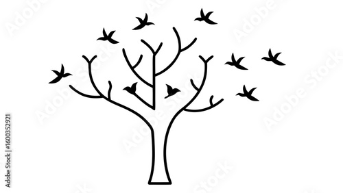 Black Tree Silhouette Birds Flying Away vector