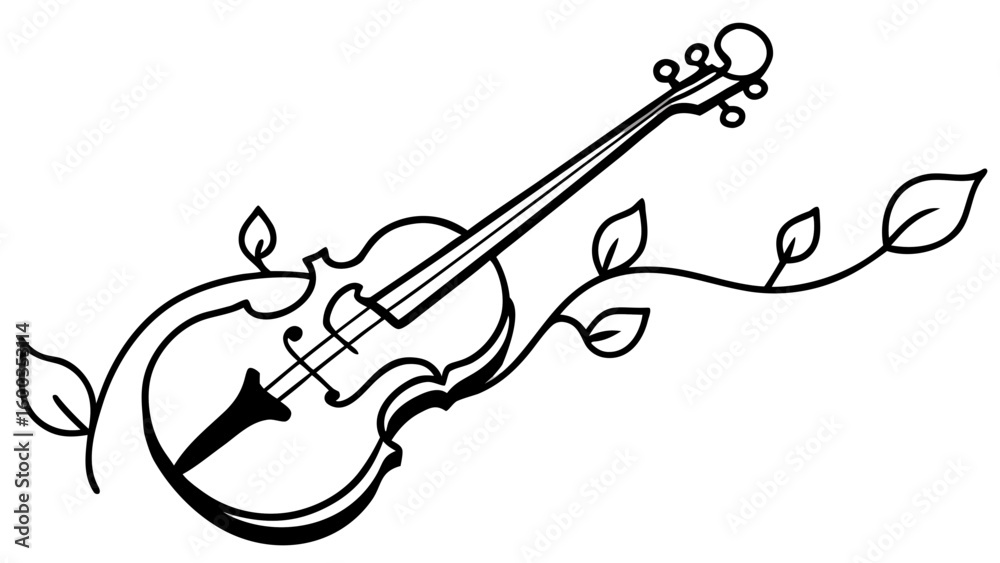 Obraz premium Line Art Violin with Twining Vines and Leaves fiddle