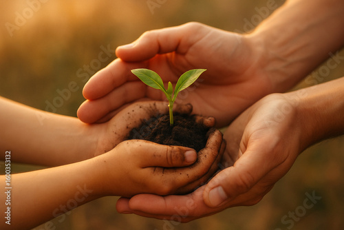Gemeinsames Engagement – Hände tragen Erde mit jungem Pflänzchen