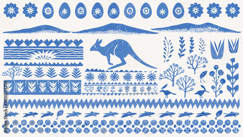 A blue and white pattern featuring flowers, eggs, a kangaroo, birds, and various botanical elements silhouette