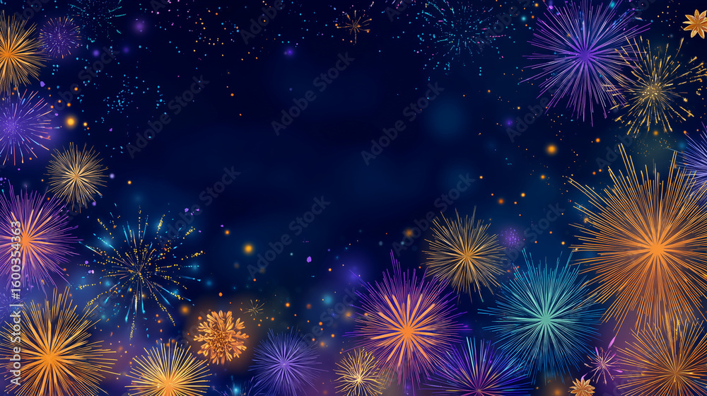 Naklejka premium Vibrant fireworks illuminate the sky for a Janmashtami Festival celebration, a festive background illustration.