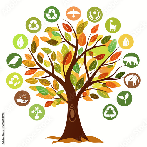 Autumn tree with conservation symbols and wildlife autumn leaves nature