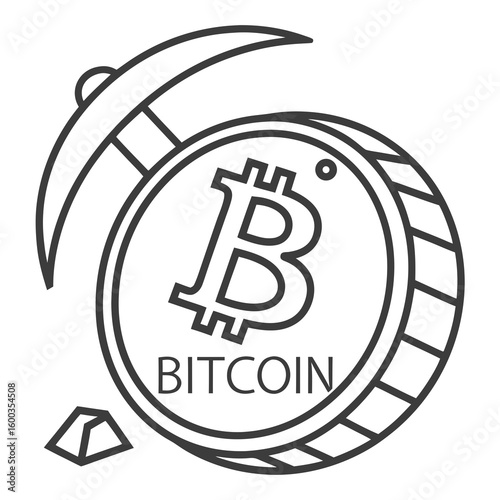 Bitcoin mining symbol with pickaxe and coin cryptocurrency digital currency