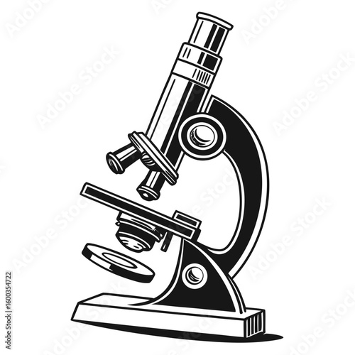 Black and white scientific microscope illustration learning symbol