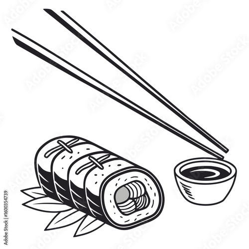 Black and white sushi roll with chopsticks and dipping sauce asian food