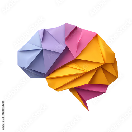 Colorful origami brain sculpture representing creativity and intelligence isolated on transparent background