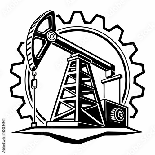 Black oil pump jack symbol with gear and platform oil rig energy