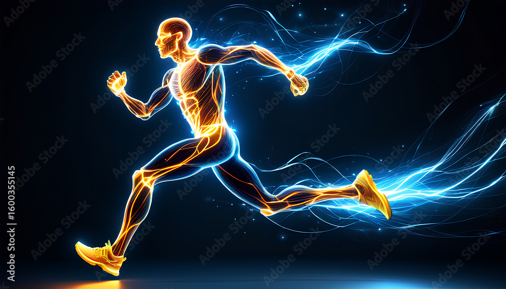 Fototapeta premium Abstract glowing man running, a digital art representation of pure energy