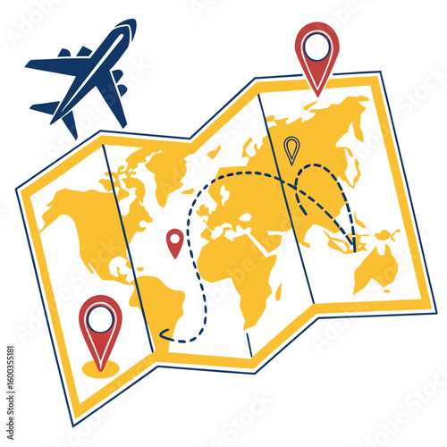 Blue airplane flying over yellow world map with red location pins travel