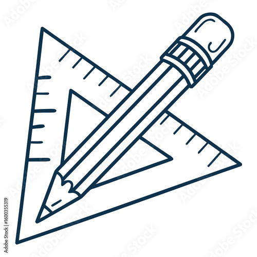Blue pencil and ruler for design and education triangle drawing