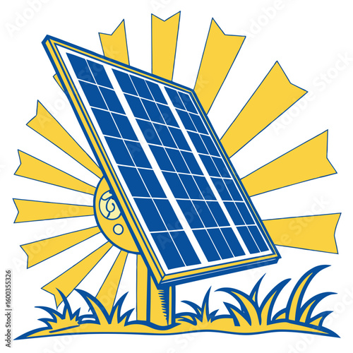Blue solar panel yellow sun rays grass vector