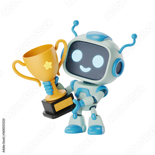 Adorable robot character celebrates victory holding a golden trophy, perfect for tech success and achievement themes