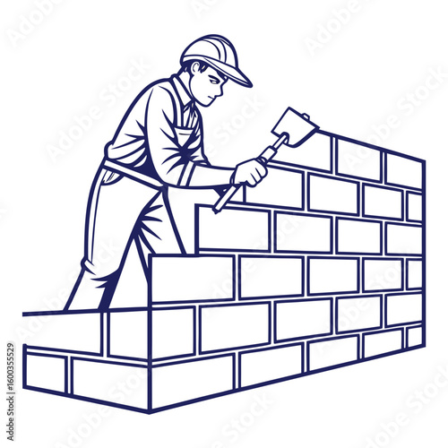Builder constructing brick wall with hammer construction bricklayer