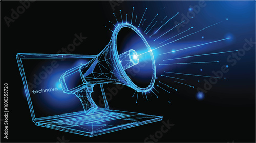 Digital Megaphone: A digital representation of a megaphone emanating from a laptop, illustrating the power of communication and technological advancement.