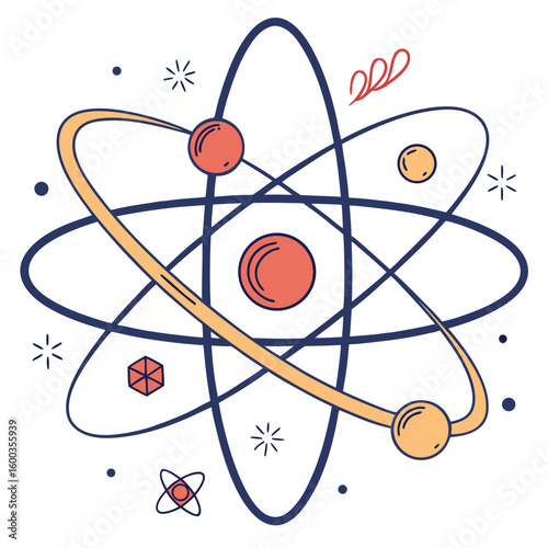 Atom model orbiting spheres and geometric shapes atomic
